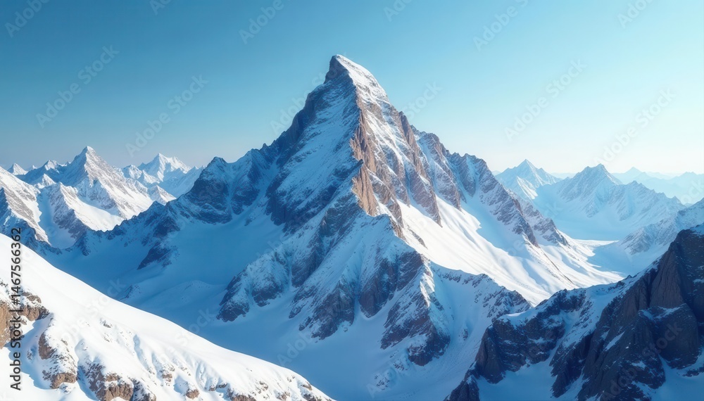 Fototapeta premium Sharp snowy peaks conceal a hidden summit behind a range of imposing ridges , travel, mountain, summit