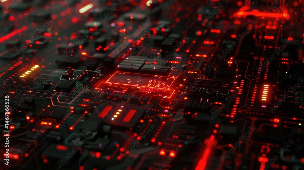 Abstract red digital circuit board with glowing lights. Digital artwork of black electrical circle with vibrant red color. Technology innovation and electronics concept. Motherboard design. AIG53.