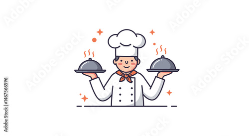 Cartoon arm holding a steaming silver serving platter with orange sparkles