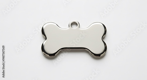 Pet Tag: A close-up shot of a shiny, bone-shaped pet tag, designed with a clean, minimalist aesthetic. Focuses on elegance and practical functionality.