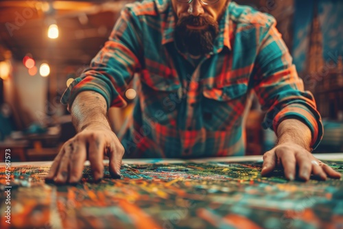 Craftsman working on a detailed project with colorful materials.