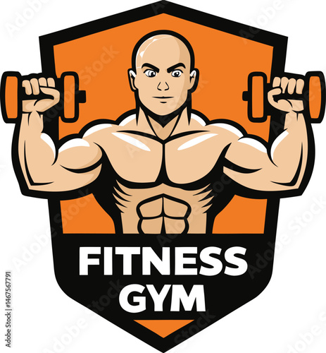 Strong Bald Bodybuilder Lifting Dumbbells Fitness Gym Logo