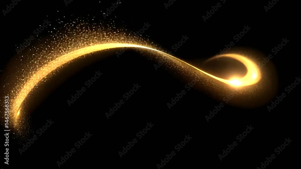 A vibrant, golden swirl of light with sparkling particles trails across a dark, black background, creating an energetic motion