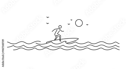 Minimalist surfer riding a wave with birds flying above the ocean