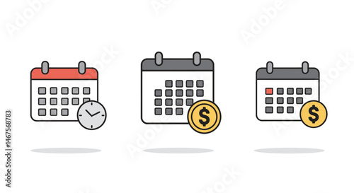 Red Calendar Icon with Clock and Grey Document Icon Planning Concept