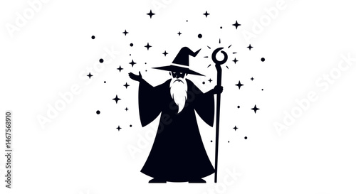 Silhouette of a wizard casting spells amidst stars and cosmic dust