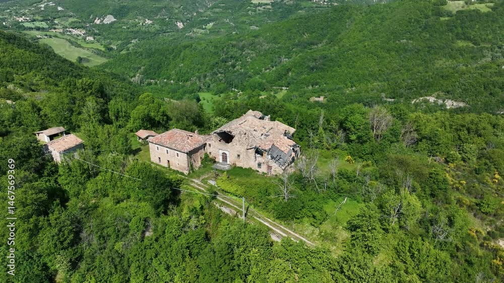 Aerial View of Abandoned Farmhouse in Marche, Italy's Rolling Hills Aerial View of Abandoned Farmhouse in Marche, Italy's Rolling Hills