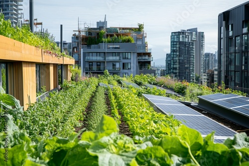 Urban rooftop farm nestled among modern high-rise buildings.