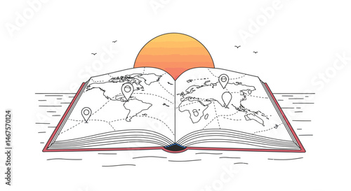 Open book with world map location pins sunset and birds in flight