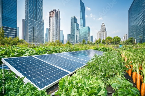 Urban farm with solar panels amid skyscrapers.
