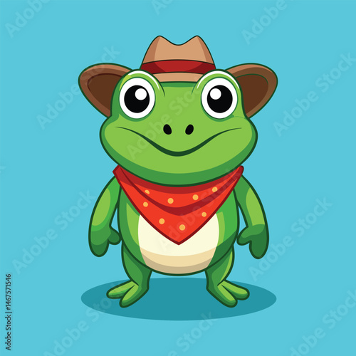 green frog dressed in clothes toad with cowboy hat.