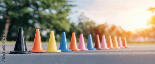 Colorful traffic cones organized in a row on asphalt surface road safety
