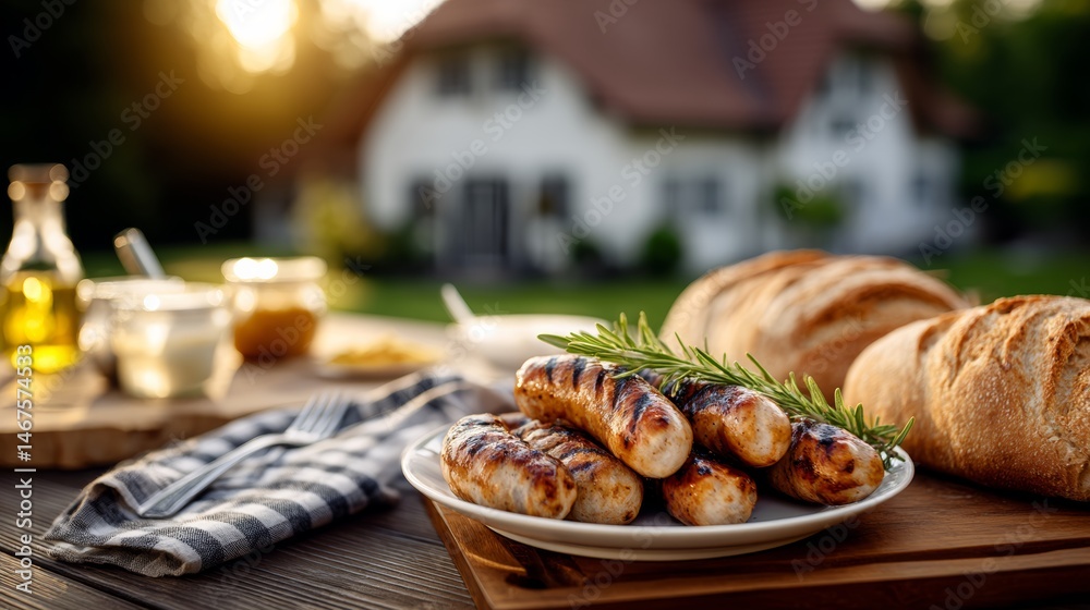 Plate of hot dogs with a bun and a bottle of olive oil. Scene is casual and relaxed, as it is a backyard barbecue or picnic