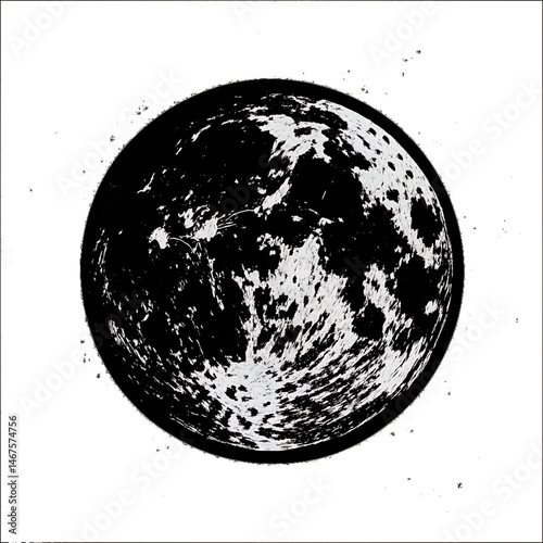 detailed black and white silhouette of the moon with visible craters minimal vector design for space exploration astronomy night sky science fiction lunar art or cosmic illustration