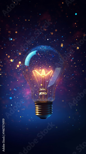 A glowing light bulb is suspended in a dark background