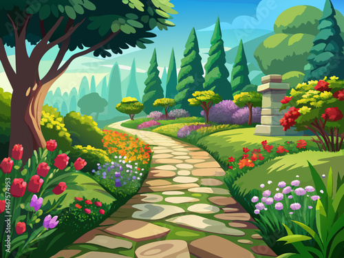 vector of Stone path garden flowers nature peace landscape design