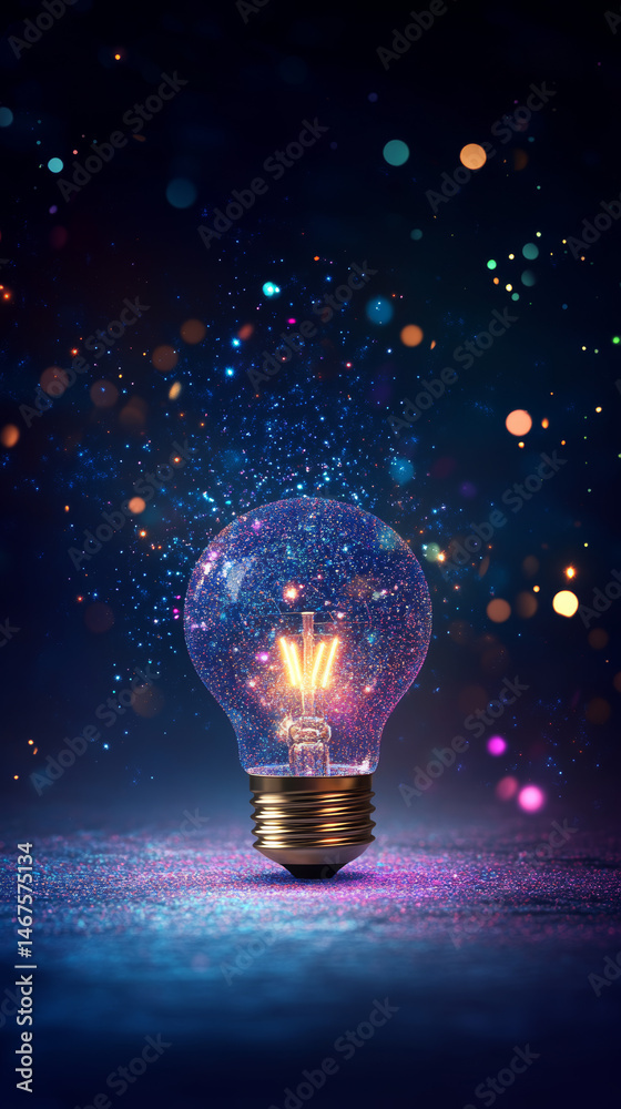 A light bulb is lit up in a dark room with a lot of sparkles A light bulb is lit up in a dark room with a lot of sparkles