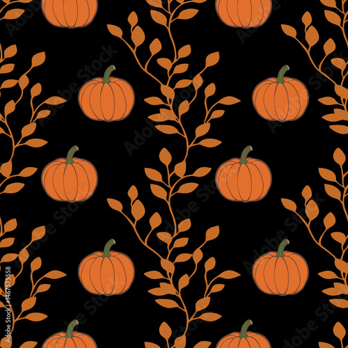 A vector seamless pattern featuring orange pumpkins and leafy branches on a black background, perfect for autumn-themed designs.