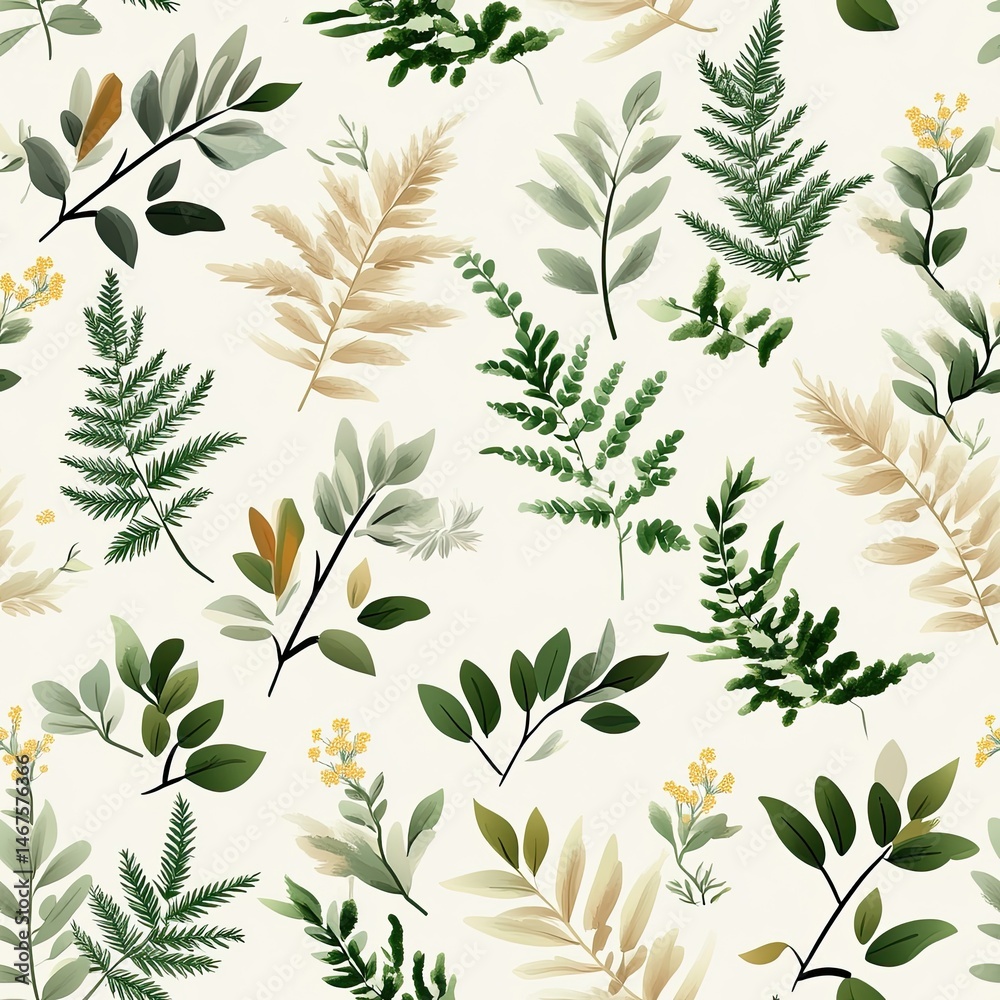 Fototapeta premium Delicate arrangement of eucalyptus and flowers in white and orange tones on a cream backdrop, perfect for modern decor SEAMLESS PATTERN