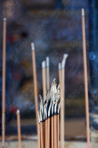 Close-up of incense sticks at Buddhist temple in Taipei, Republic of China
