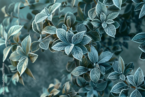 Selective focus. First frost on a frozen field plants, late autumn close-up. Beautiful abstract frozen microcosmos pattern. Freezing weather frost action in nature.