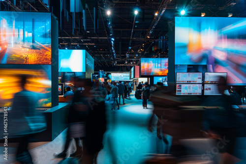 Tech exhibition with large screens displaying futuristic visuals, blurred crowds in motion, atmosphere of innovation. Scene of technology , perfect for modern tech themes
