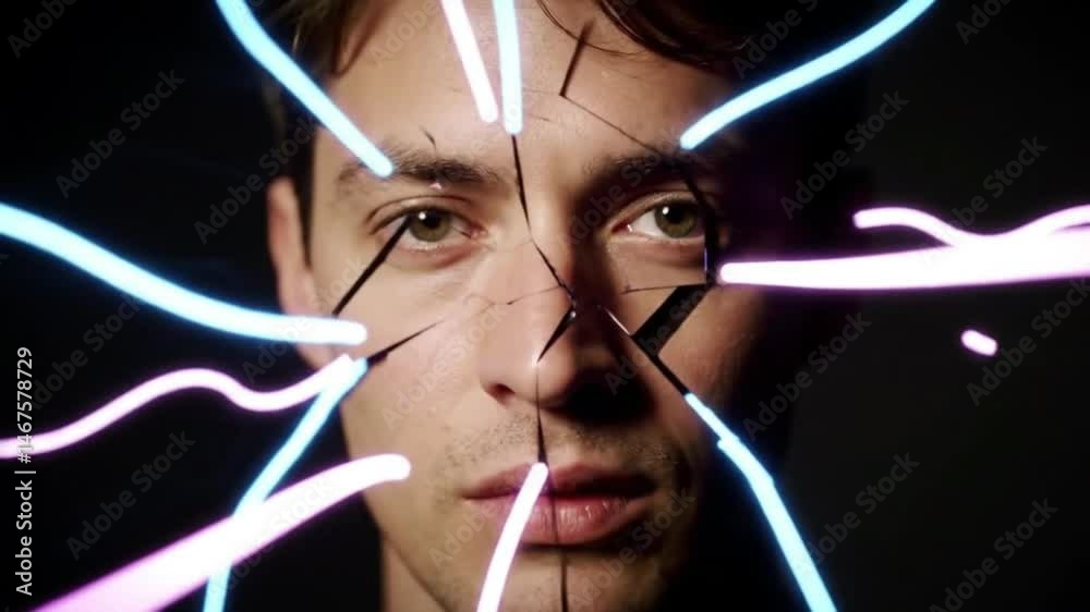 Glitch Shattered Portrait, Neon Line Reconstruction, Double Exposure Abstract Fragments, RGB Split Cracked Portrait, Animated Fragment Stitching, Portrait Reformation with Glitch Effects,
