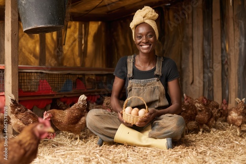 Happy Chicken Farmer Portrait: African Woman Holding Fresh Eggs in Chicken Coop. Sustainable Agriculture, Rural Lifestyle, Natural Light