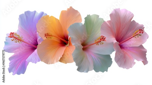 Four flowers of different colors are arranged in a row. The colors are pink, orange, yellow, and purple. The flowers are arranged in a way that they look like they are in a line