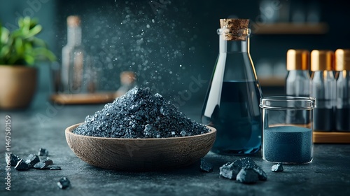A close up photograph showcasing a mineral specimen and its refined chemical counterpart