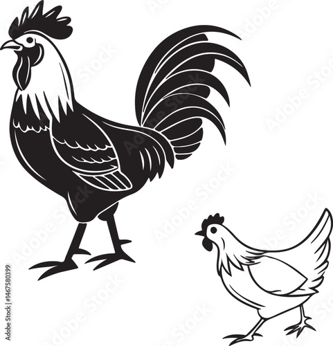 Rooster and hen silhouettes in black on a white background, illustrating their profiles in a simple vector design