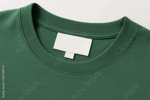 green crew neck cotton shirt with blank white label showing clean collar and fabric texture in studio closeup view