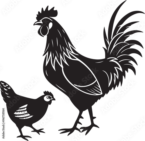 Rooster and hen silhouettes in black on a white background, illustrating their profiles in a simple vector design