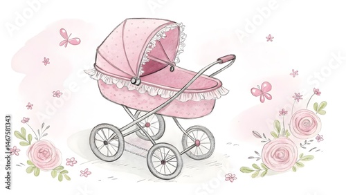 Watercolor Pink Baby Carriage with Floral Accents