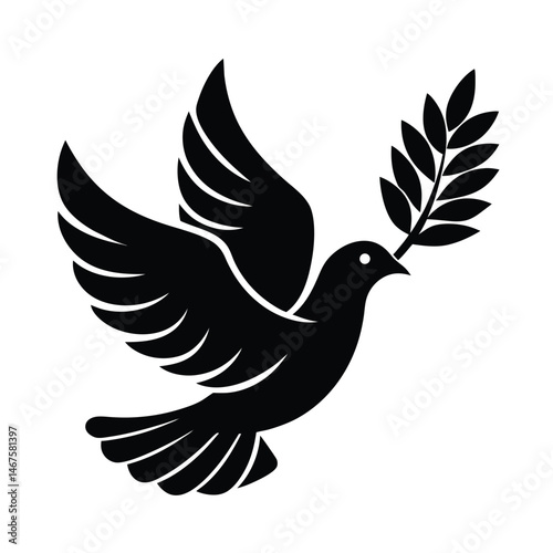 Symbolic representation of peace a black dove carrying an olive branch in flight against a white background vector illustration