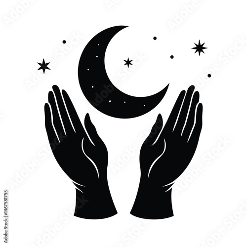 Mystical artwork featuring hands cupping a crescent moon surrounded by stars on a white background.