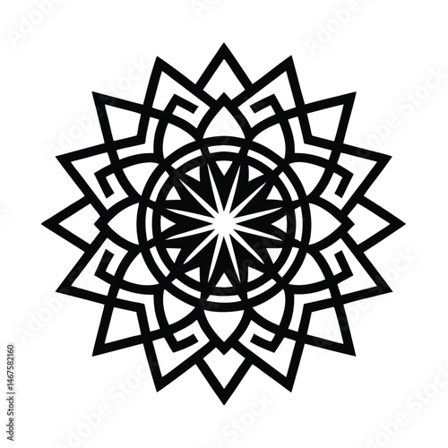 Decorative black and white mandala design with intricate geometric shapes and a radial symmetrical pattern on a white background.
