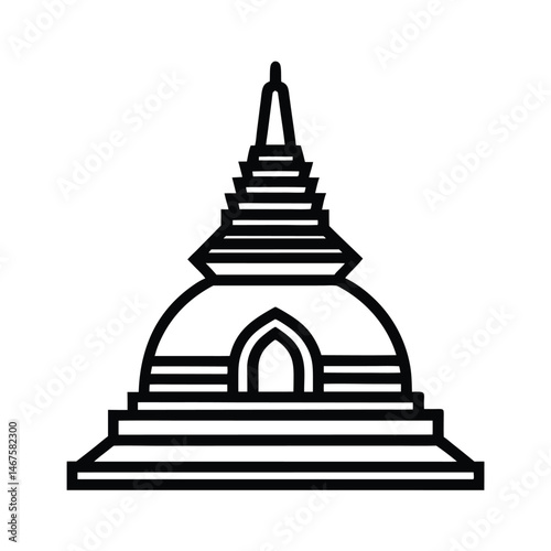 Minimalistic black and white outline illustration of a traditional buddhist stupa representing peace and spirituality symbol