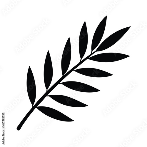 A simple elegant black and white illustration of a sprig of leaves on a slender diagonal branch ideal for design elements
