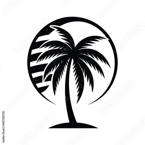 Elegant silhouette of a palm tree inside a circular frame representing a tropical beach scene and sunny ambiance