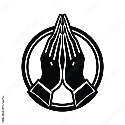 Elegant black and white illustration of hands clasped in prayer within a decorative circular frame
