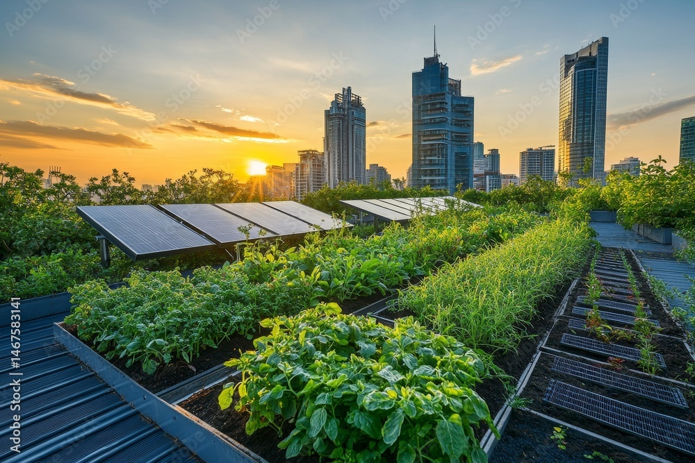 Fototapeta premium Urban rooftop garden with solar panels at sunset.