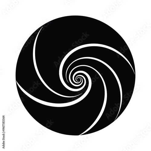 Abstract black and white spiral design representing movement or an inward journey within a circular frame on white background
