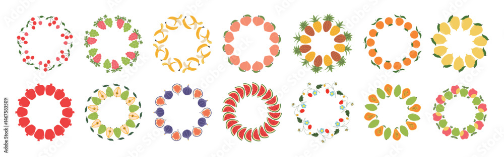 Fruit frame set. Assorted fruit design template, copy space. Cute hand drawn fruit frames in doodle style. Round template. Hand drawn fruits circle border. Fruit frame set. Assorted fruit design template, copy space. Cute hand drawn fruit frames in doodle style. Round template. Hand drawn fruits circle border.
