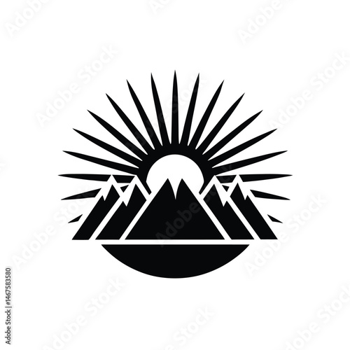Black and white illustration of a rising sun over mountains symbolizing adventure and nature in a minimalistic design.