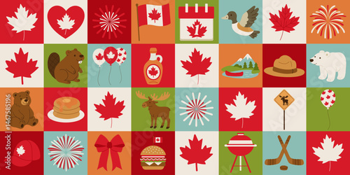 A colorful patchwork of Canadian flags, maple leaves, and other symbols. The image is a collage of various Canadian icons, including a bear, a moose, a maple leaf, and a hockey stick