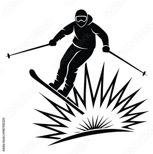 Silhouette of a Downhill Skier Jumping in Mid-Air on White Background