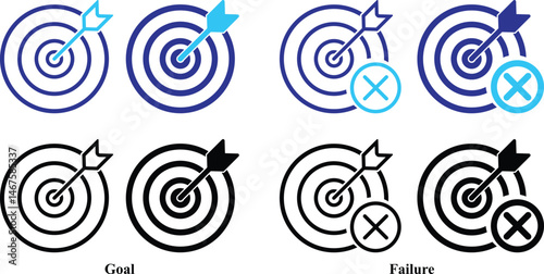 Target Achieve and target miss icon with arrow. Goal achieving and Failure  symbol Vector isolated. Success and Failure icon set.