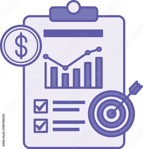 Colored Project Icon. Vector Illustration. Document with Profit Chart and Financial Goal. Concept Work and Business