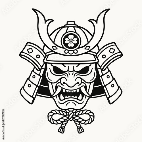 Stylized Japanese demon face with horned samurai helmet vector illustration perfect for tattoo flash Asian cultural artwork and traditional warrior inspired designs